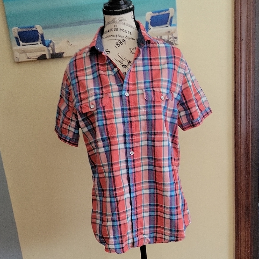 Express Men's Plaid Button Down Shirt - Coral and Navy